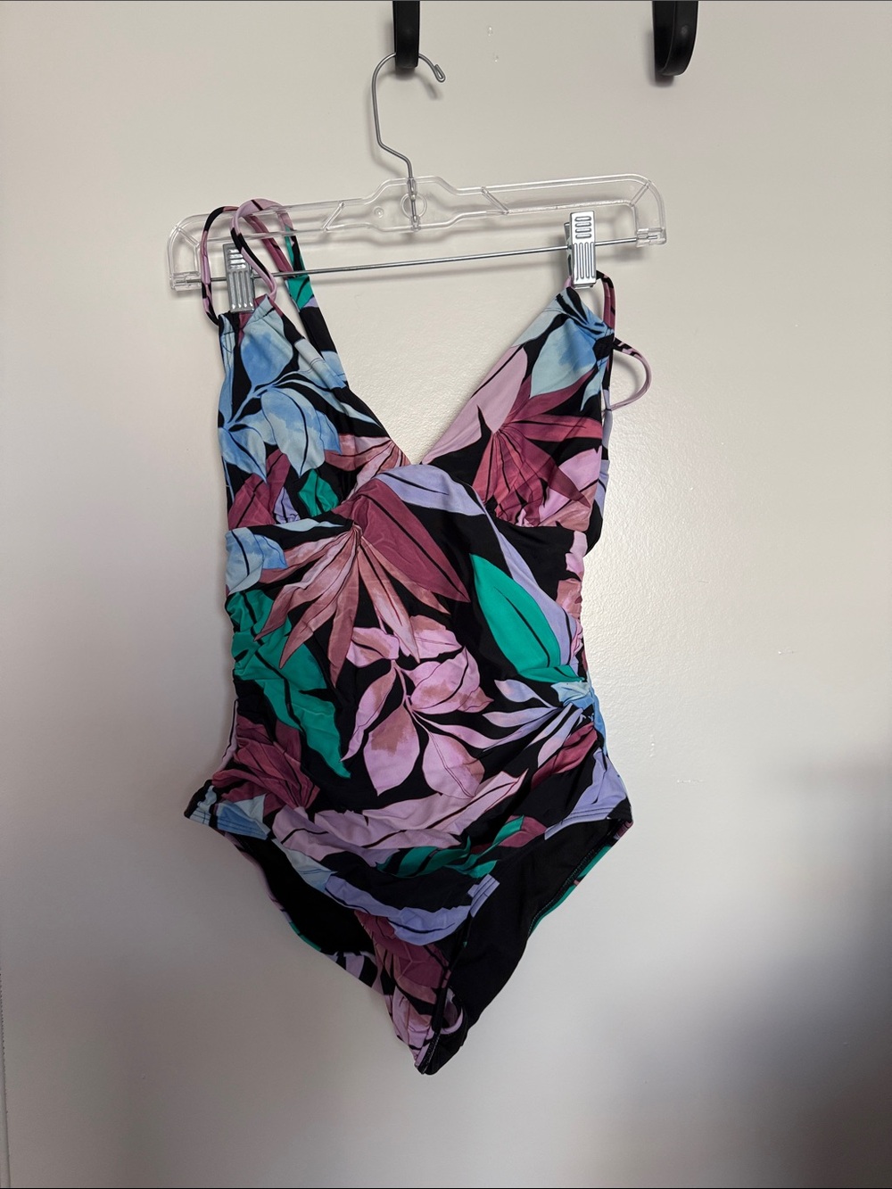 Black Floral One-Piece Swimsuit with Pink & Teal Leaves